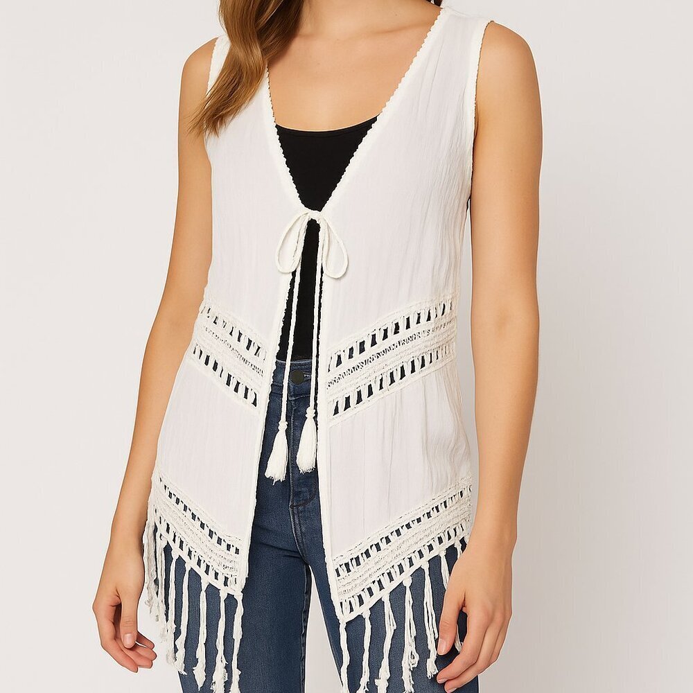 Tiare Hawaii White Fringe Rayon Vest